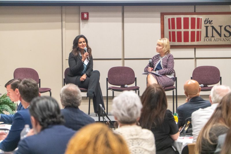 Pamplin College of Business Dean Saonee Sarker (at left) speaks with Pamplin alumna Starlette Johnson (at right) during the “The Future of Hospitality and Tourism Workforce Summit” on October 25. Johnson served as emcee for the event. Photo courtesy of Averett University.
